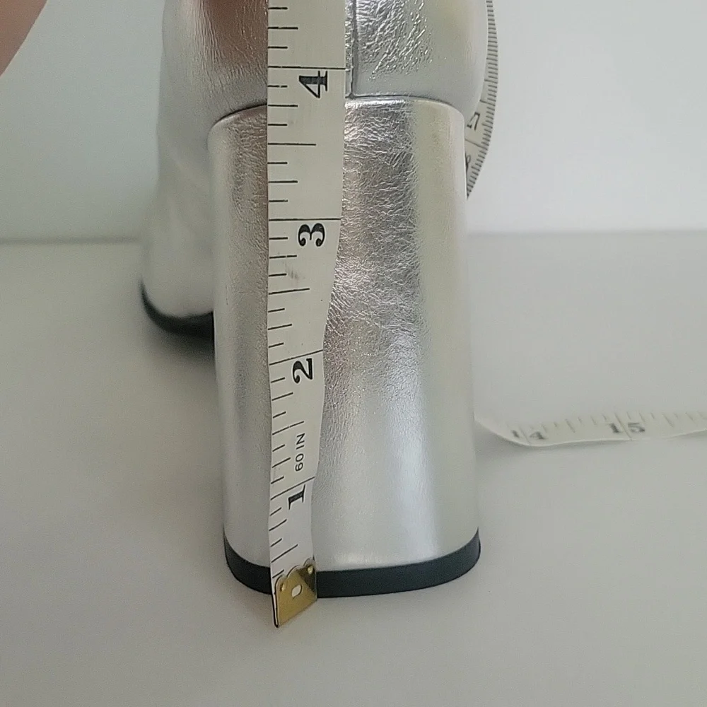 Silver womans high heel chunky heel square toe pumps party dress - Picture 8 of 8